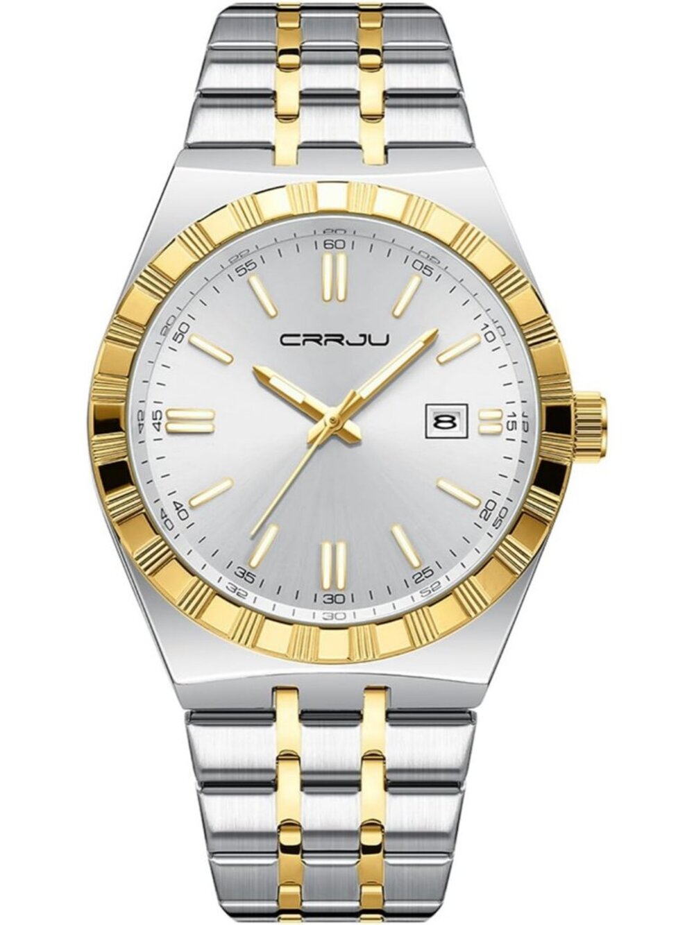 Crrju Men's Gold Luxury Luminous Analog Quartz Classic Calendar Silver Watch